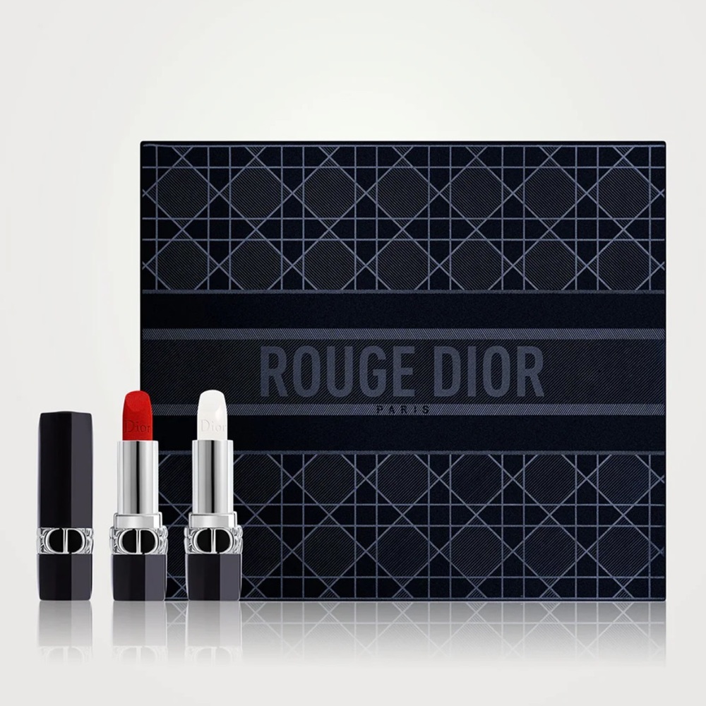 DIOR ROUGE Lipstick Set 999 Velvet 000 Clear Balm in Dior Logo Blue Velvet Box